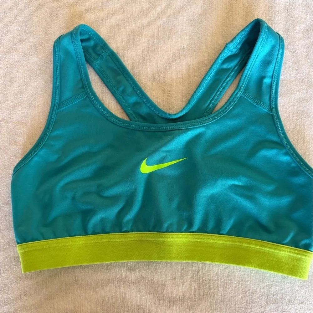 Nike Pro Dri-FIT Sports Bra Teal Lime Green Classic Swoosh Women's Size Small